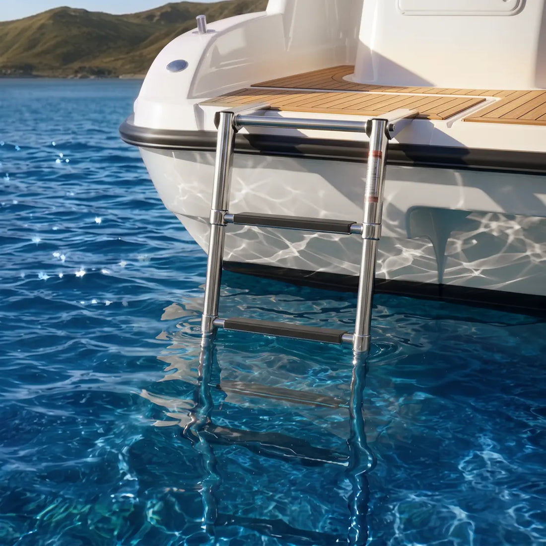 Stainless steel telescoping boat ladder lowered from the stern swim platform into clear water.