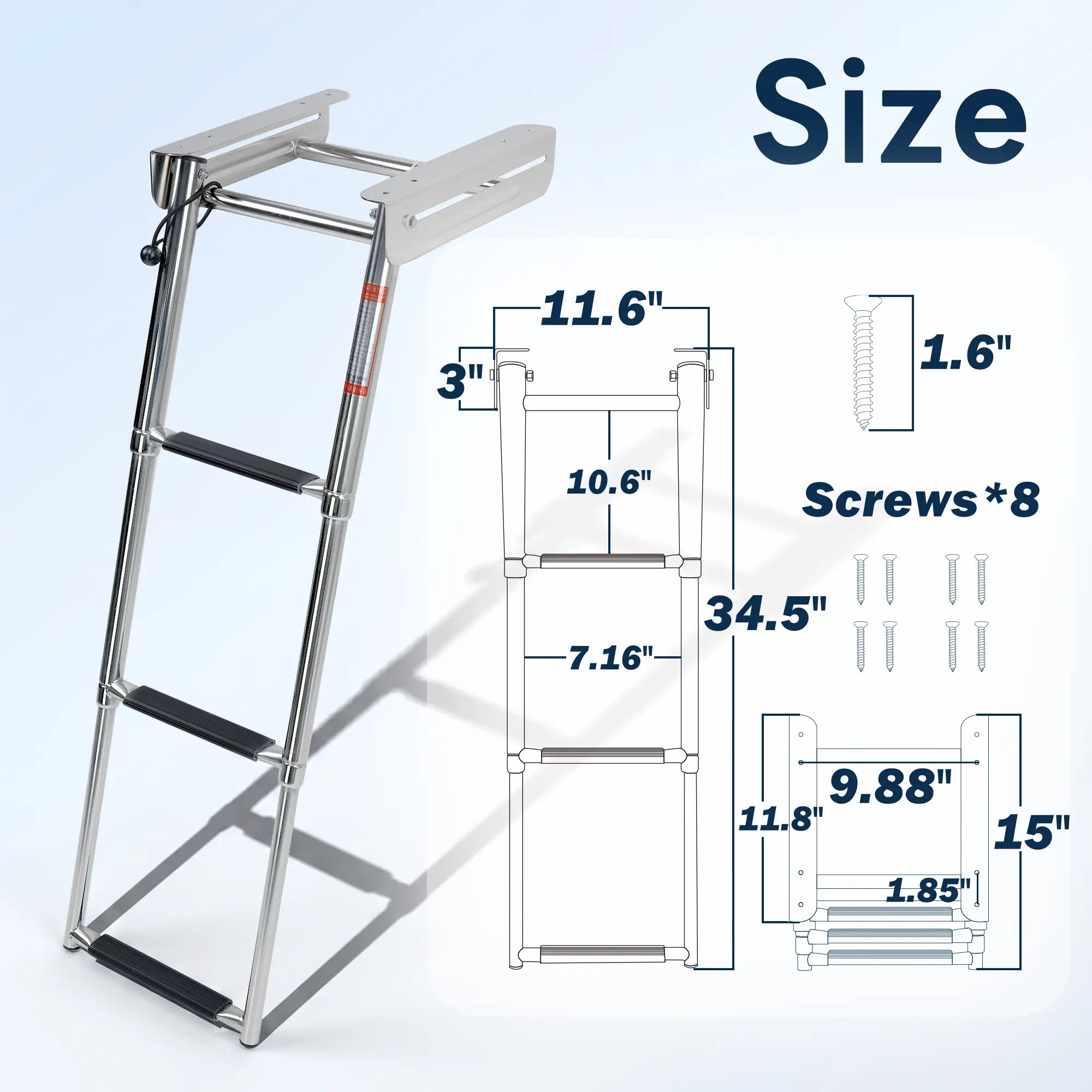 Marinexplore 3-step telescoping under platform boat ladder with full dimensions labeled – 34.5 inch extended length, 11.6 inch width, includes 8 mounting screws.