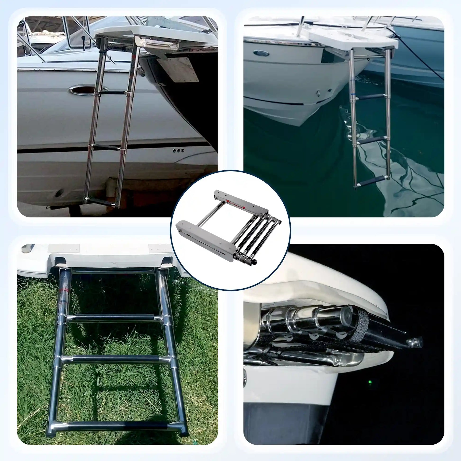 Marinexplore 3-step under platform boat ladder shown installed on real boats at dock, extended for boarding and folded compact under swim platform, fits most bow and side-entry boats.