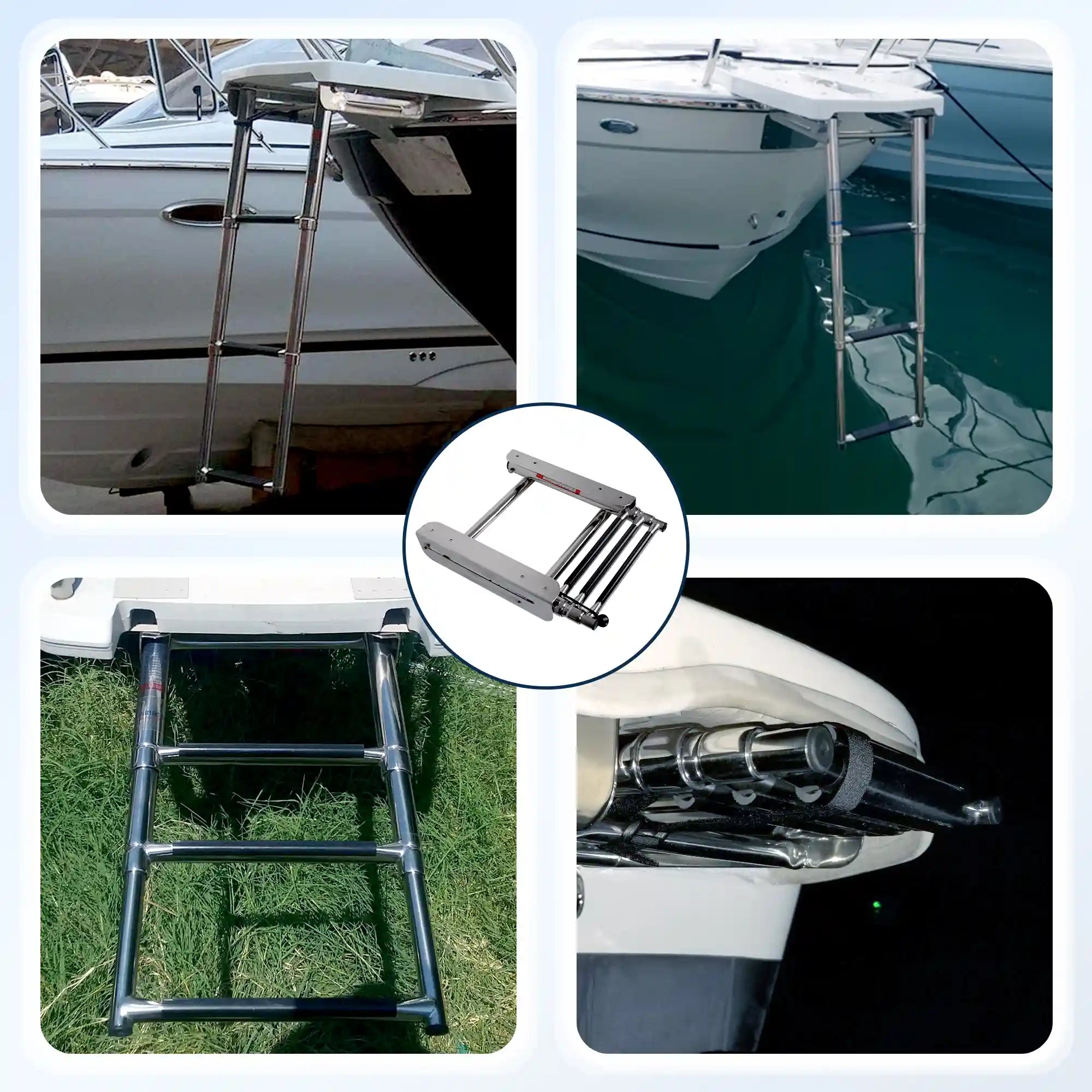 Marinexplore 3-step under platform boat ladder shown installed on real boats at dock, extended for boarding and folded compact under swim platform, fits most bow and side-entry boats.
