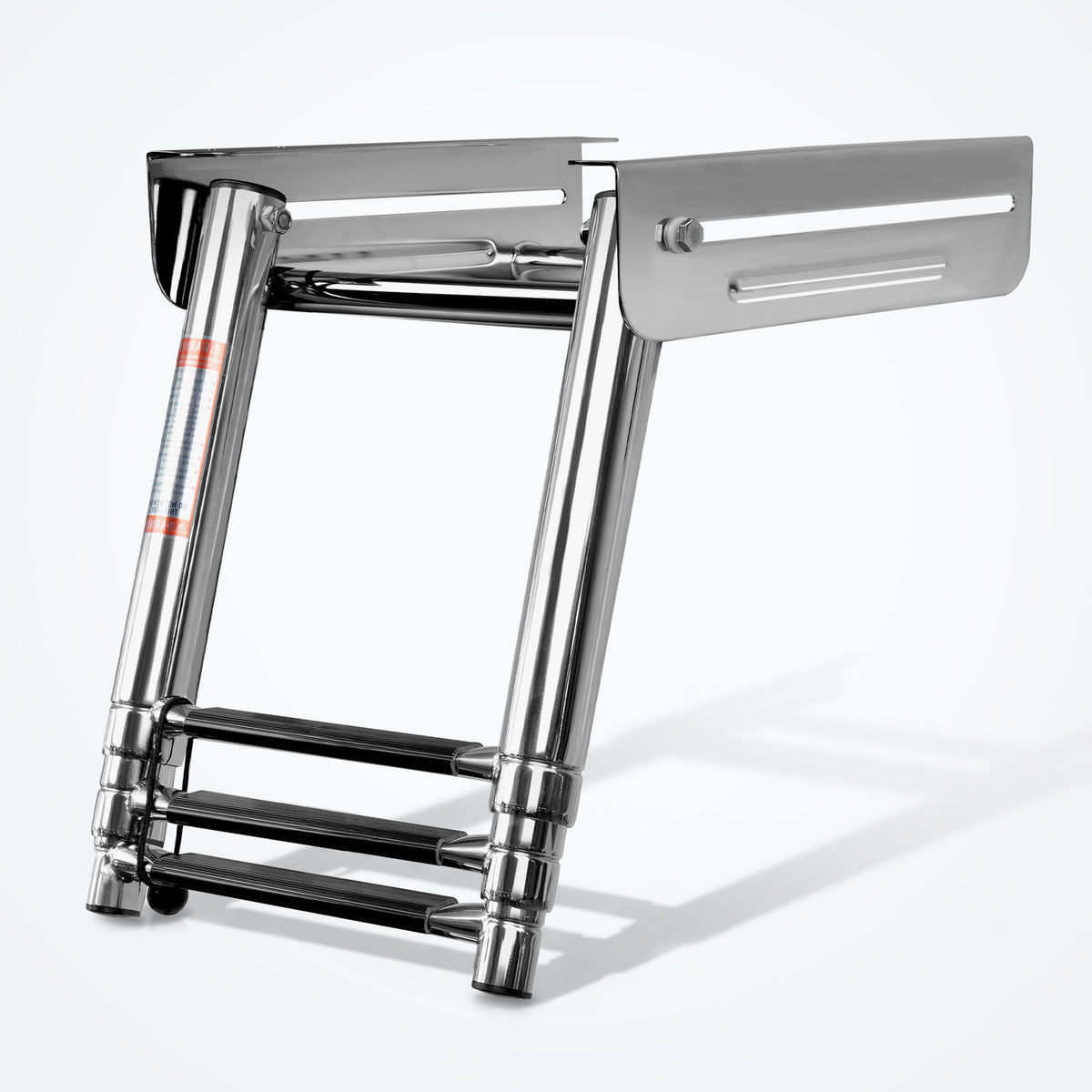 Marinexplore 3-step under platform boat ladder folded flush beneath swim deck, showing marine-grade stainless steel mounting bracket and telescoping step.