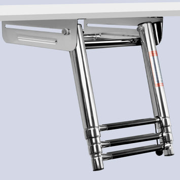 Marinexplore 3-step under platform boat ladder folded flush beneath swim deck, showing marine-grade stainless steel mounting bracket and telescoping step.
