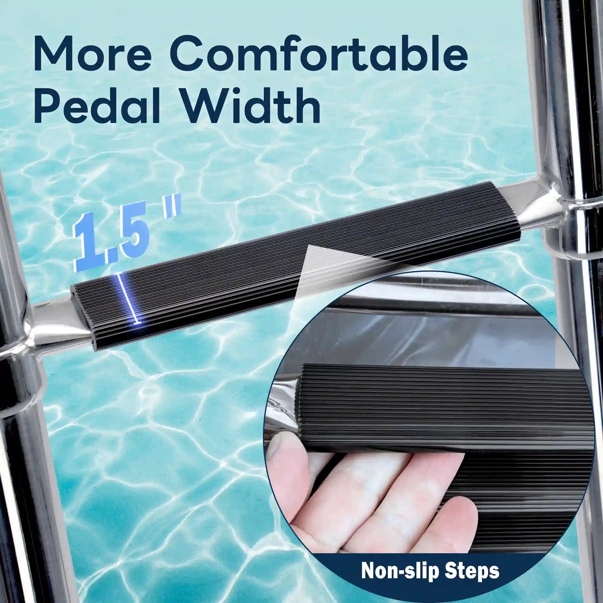 Close-up of Marinexplore 4-step boat ladder black vinyl step showing 1.5-inch pedal width with ribbed non-slip texture, hand holding step to display grip surface thickness for safe wet boarding.