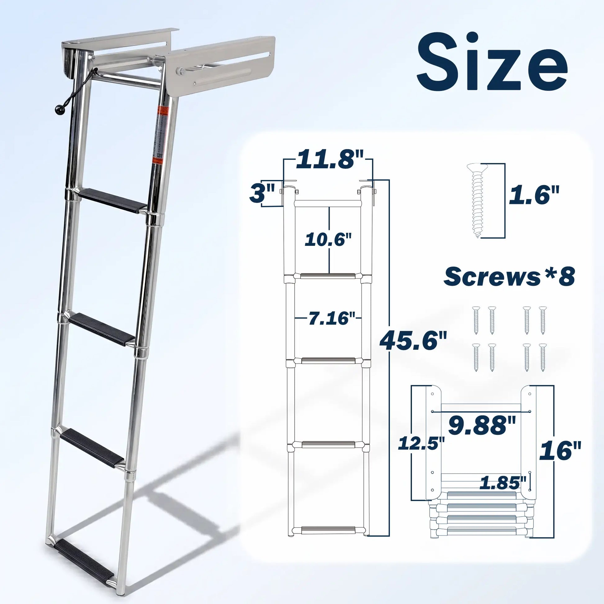 Marinexplore 4-step under platform boat ladder with labeled dimensions: 45.6-inch total height, 11.8-inch width, 16-inch collapsed length, with technical drawing and 8 included mounting screws.