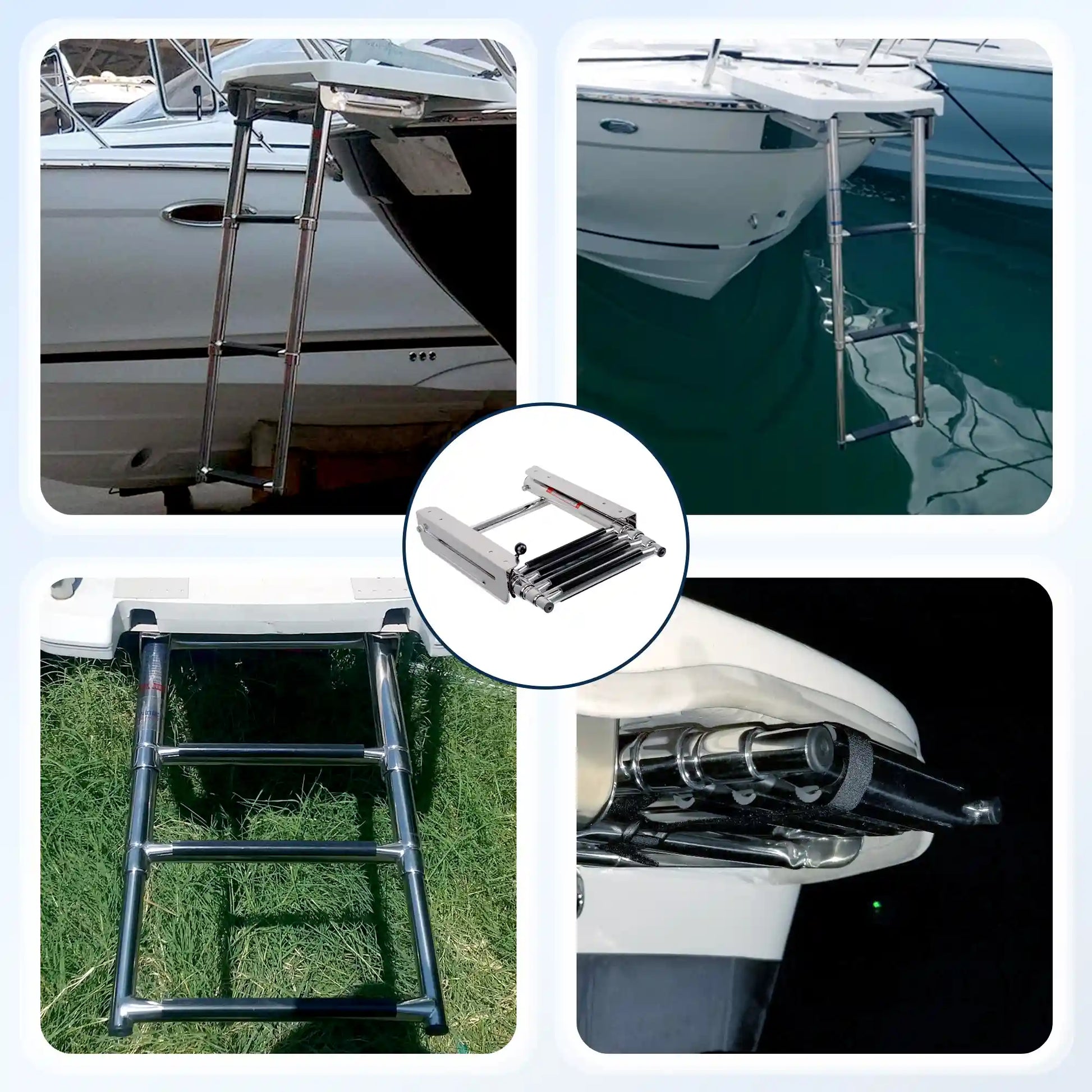 Four-panel lifestyle collage of Marinexplore 4-step under platform boat ladder: installed on real boats at dock, extended on grass, and folded compact beneath boat transom at night, with collapsed product shown center.
