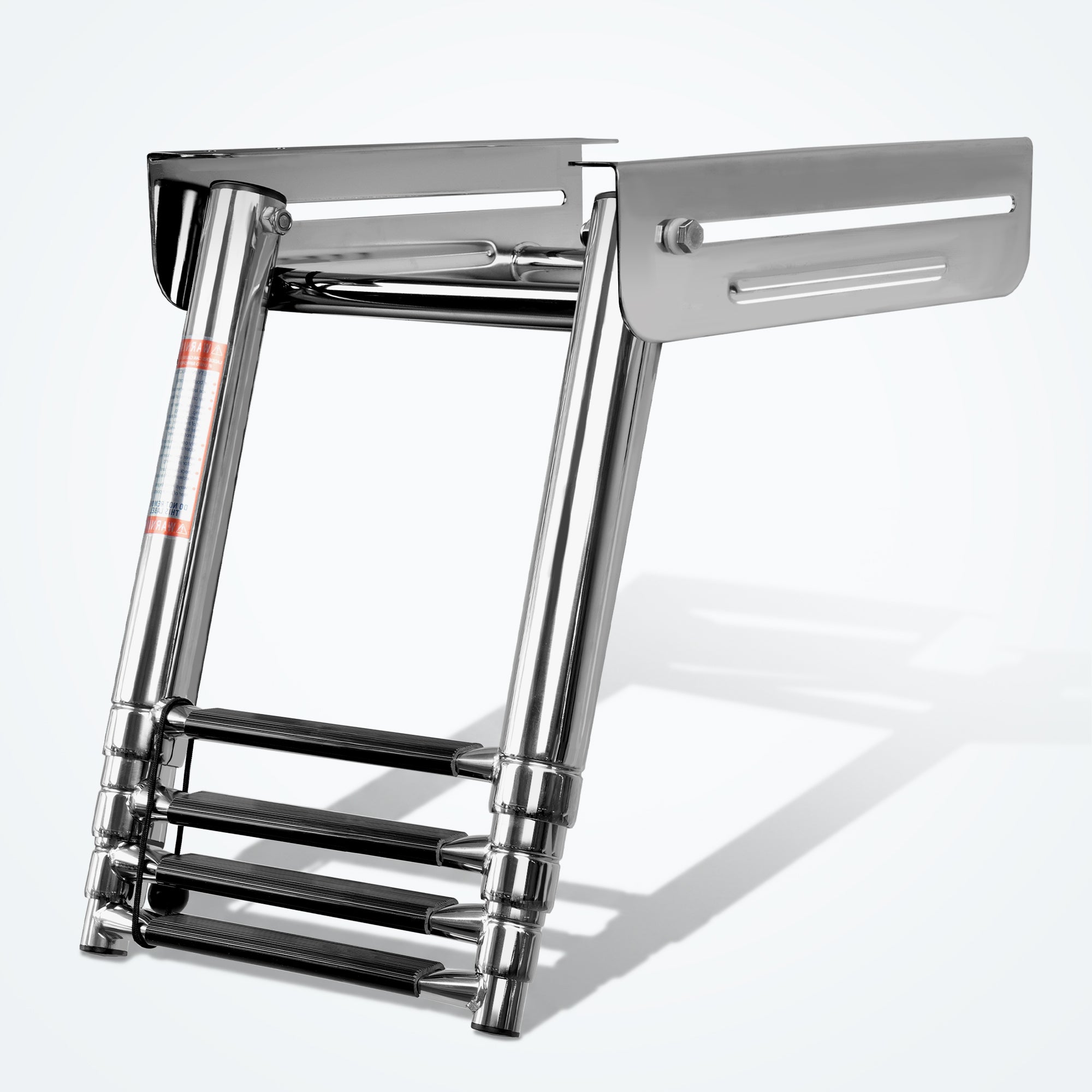 Marinexplore 4-step under platform boat ladder extended beneath white swim deck, showing polished stainless steel wide mounting bracket and four black anti-slip steps, angled side view.