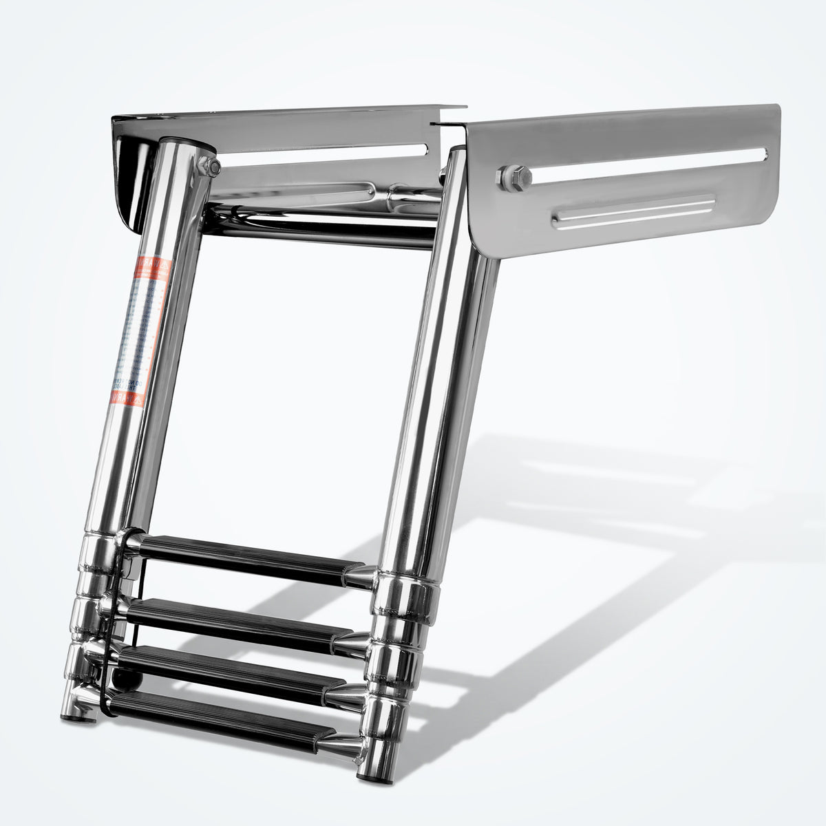 Marinexplore 4-step under platform boat ladder extended beneath white swim deck, showing polished stainless steel wide mounting bracket and four black anti-slip steps, angled side view.