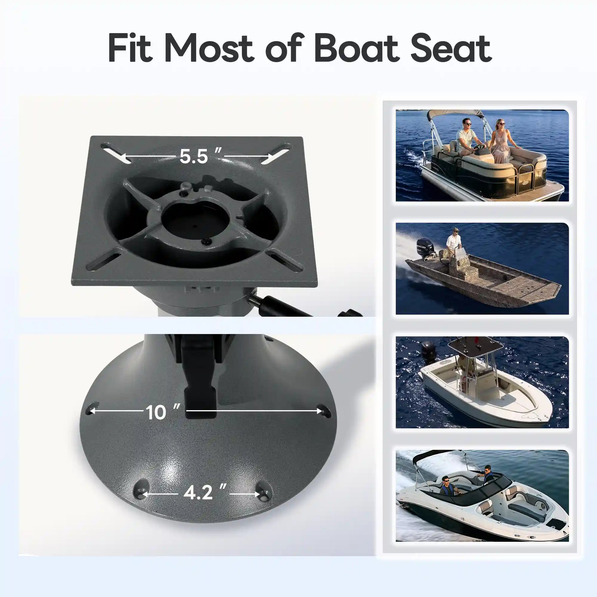Installation dimensions for the Marinexplore boat seat pedestal, showing the standard 5.5-inch bolt pattern and 10-inch bell base, matching most pontoon, fishing, and sport boat seats.