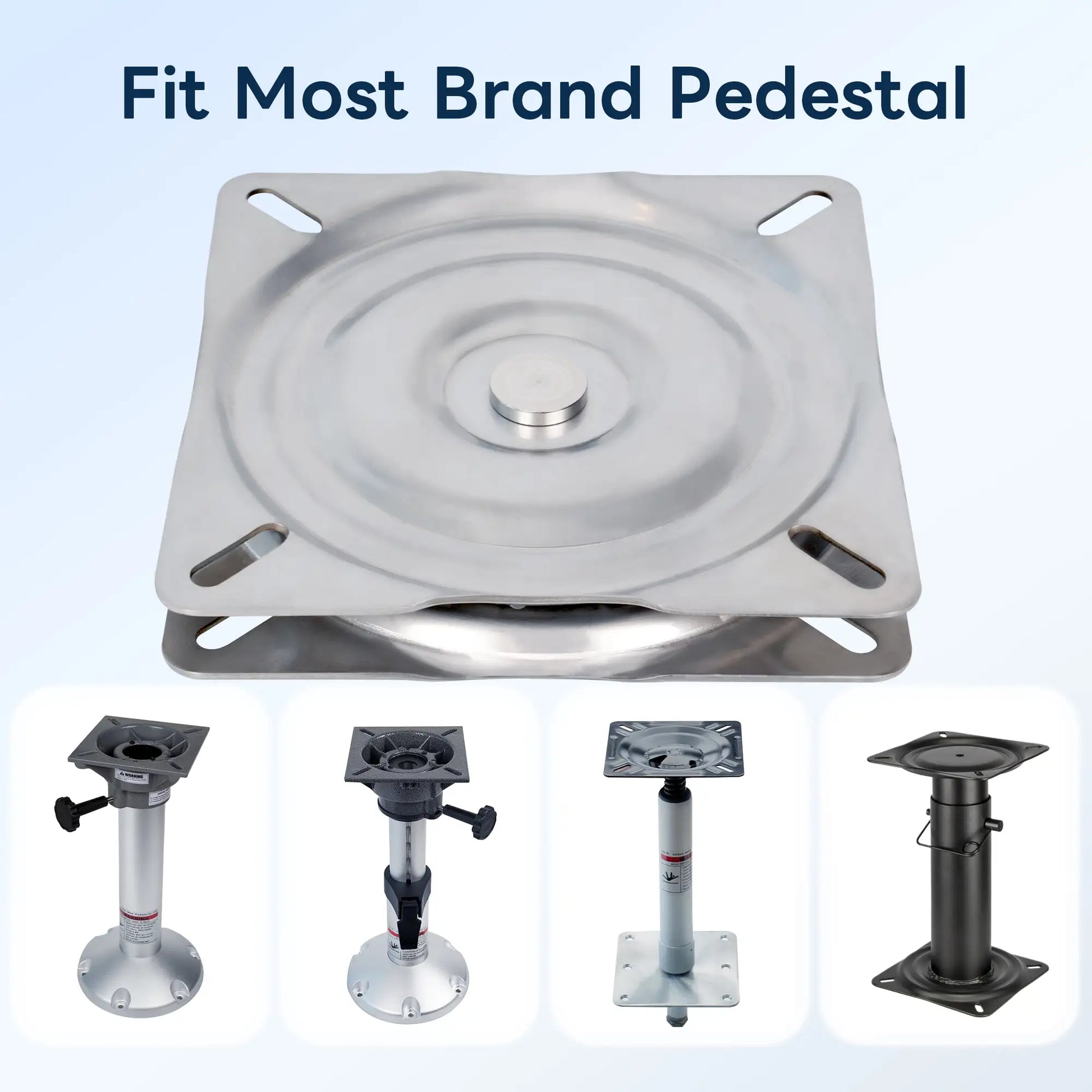 Marinexplore universal stainless steel boat seat swivel displaying compatibility with various styles of marine pedestals and mounting bases.
