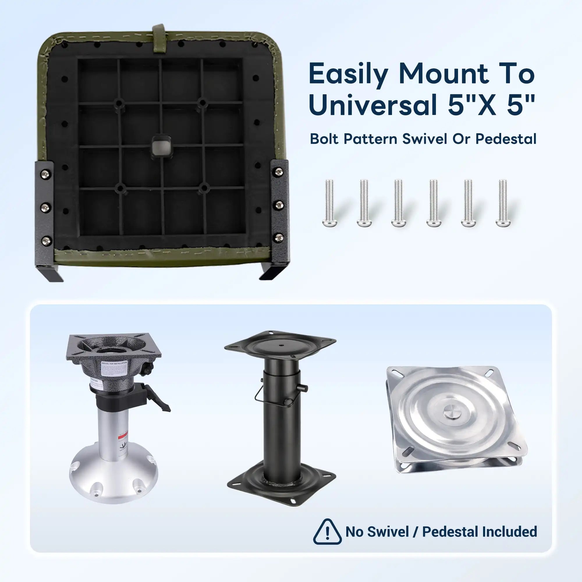Bottom view of the Marinexplore fishing seat showing the universal 5-by-5-inch bolt pattern structure alongside included mounting screws, compatible with standard swivels or pedestals.