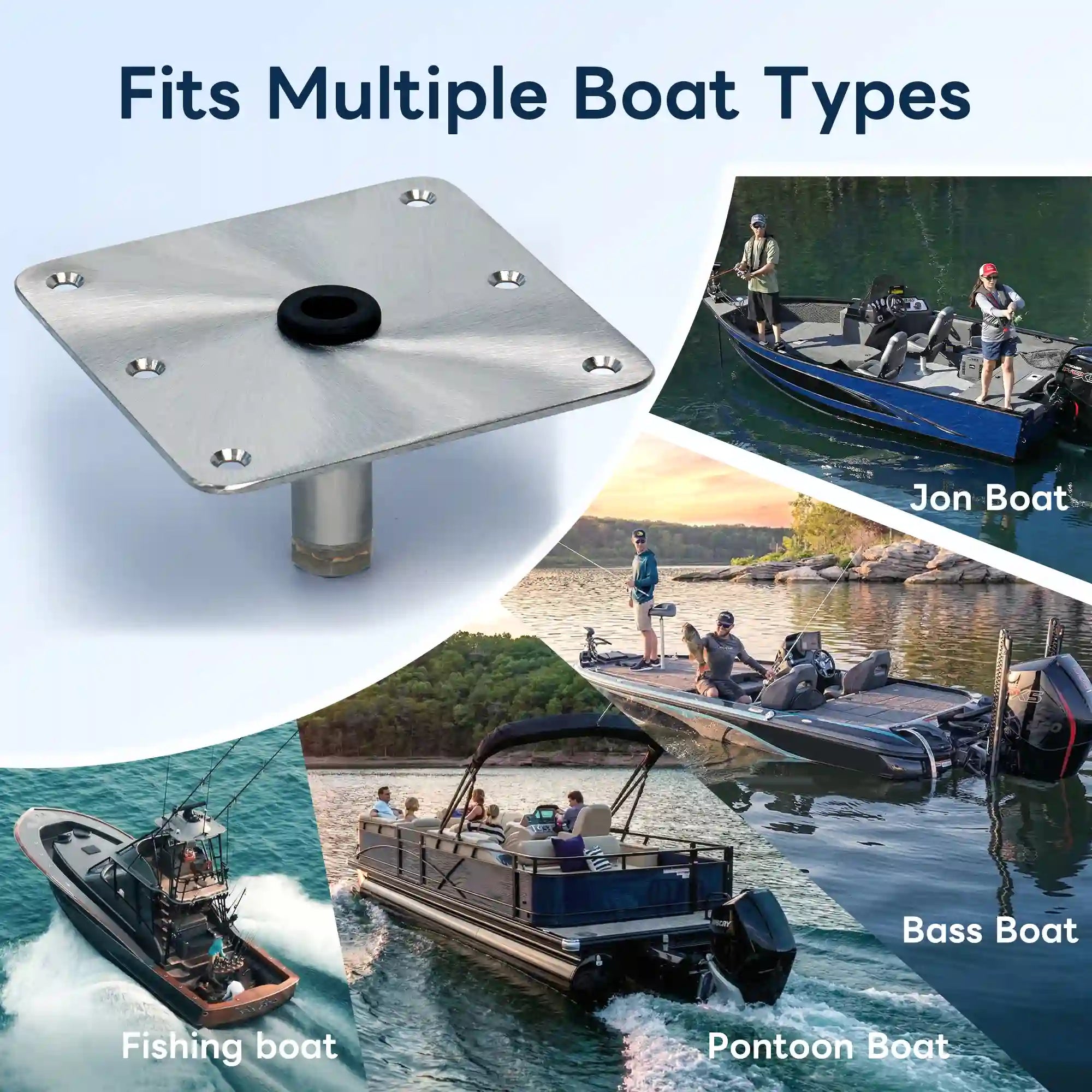 Marinexplore 7x7 seat base plate demonstrating versatile marine application across bass boats, jon boats, pontoon boats, and offshore fishing vessels.