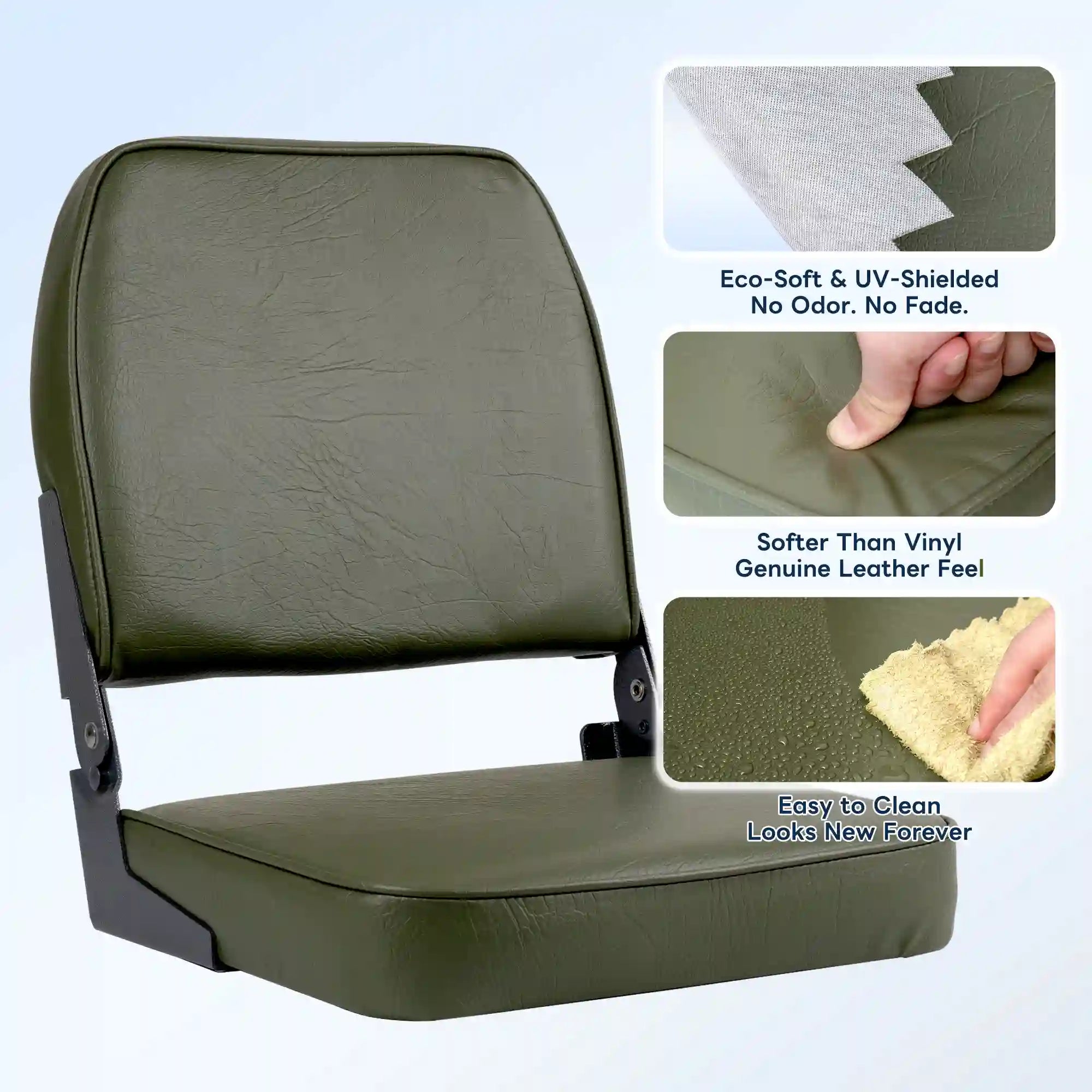 Infographic of the Marinexplore boat seat highlighting its eco-soft UV-shielded leather, thick foam padding flexibility under hand pressure, and easy-to-clean stain-resistant surface.