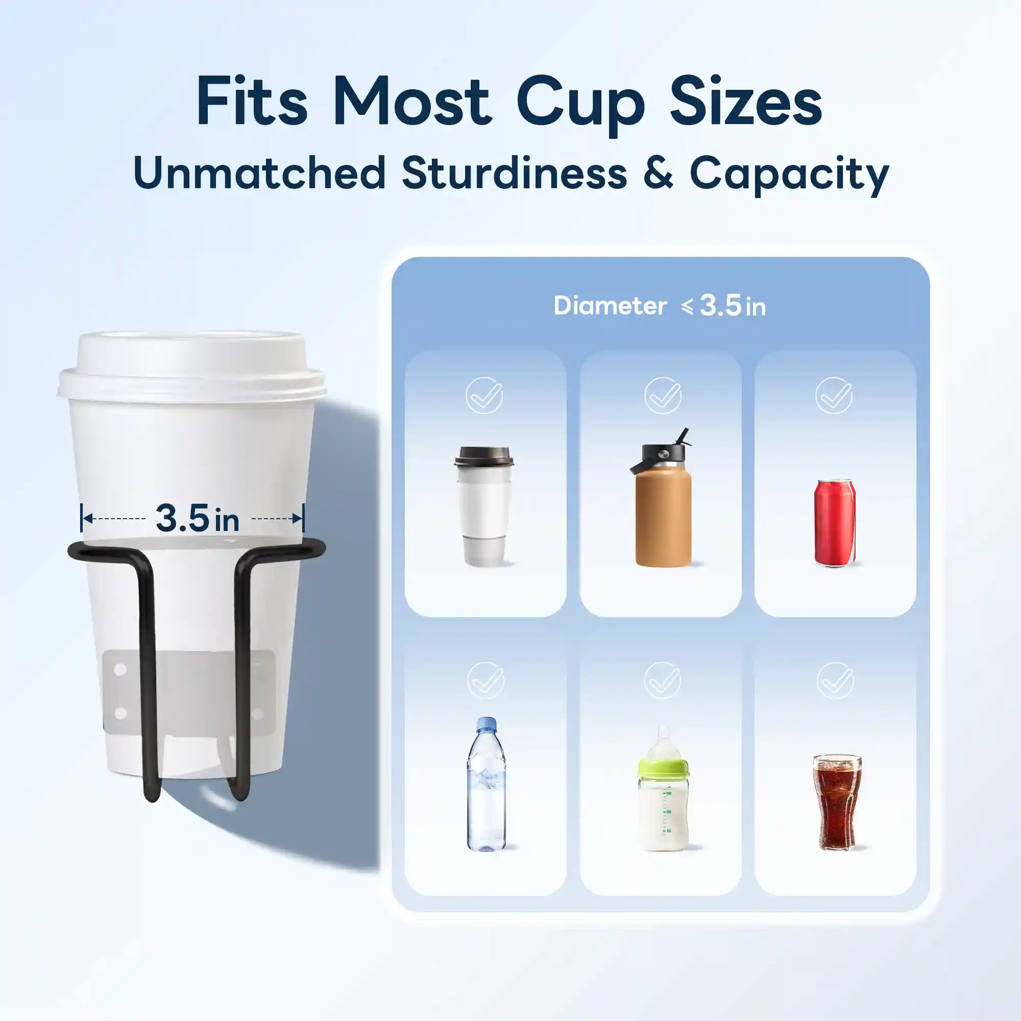 Marinexplore black boat cup holder gripping a white coffee cup with 3.5-inch inner diameter labeled, next to a compatibility grid confirming it fits coffee cups, insulated tumblers, soda cans, water bottles, baby bottles, and cola glasses up to 3.5 inches in diameter.