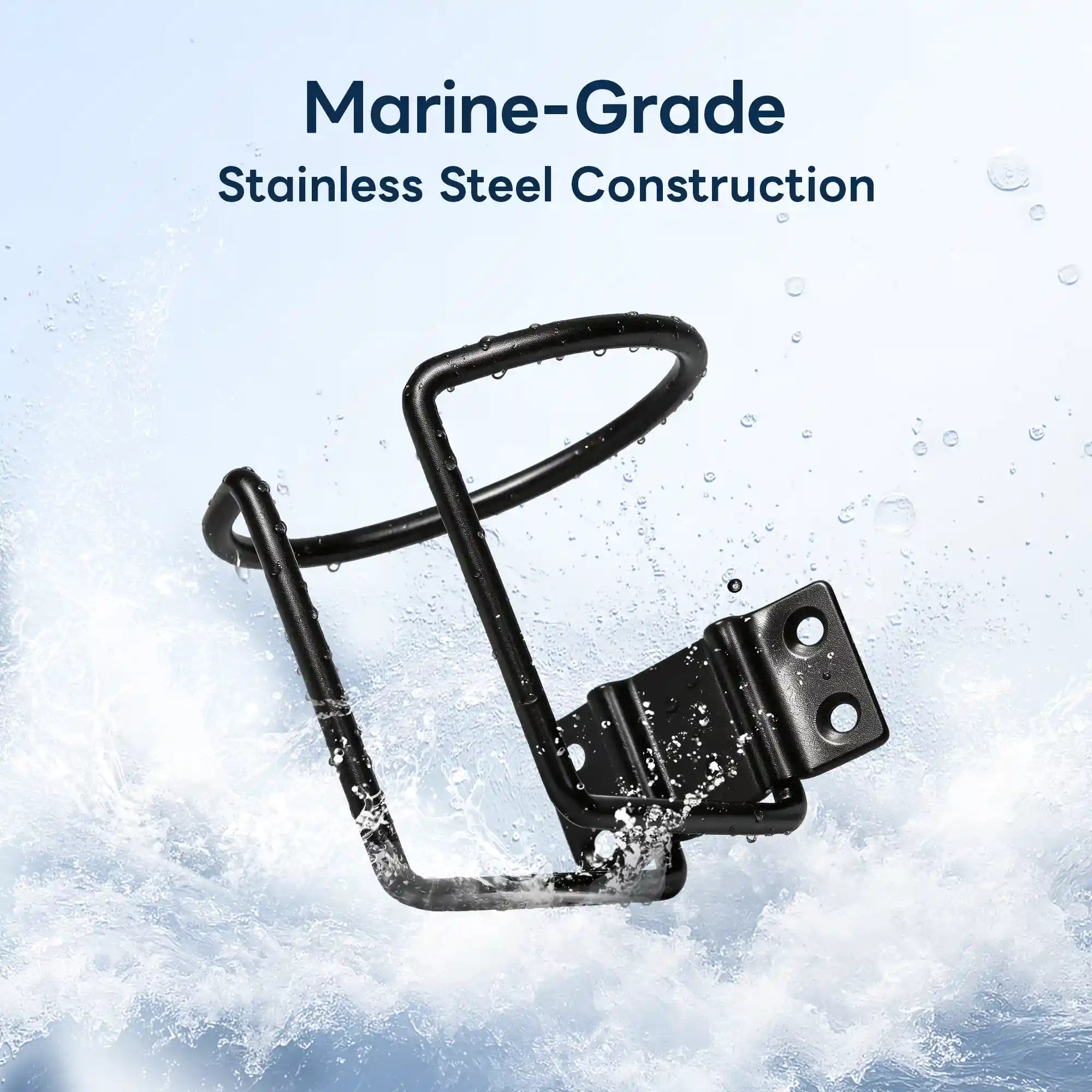 Marinexplore black marine-grade stainless steel boat cup holder floating above crashing white ocean waves with water droplets visible on its surface, highlighting its rust-proof and corrosion-resistant construction for saltwater environments.