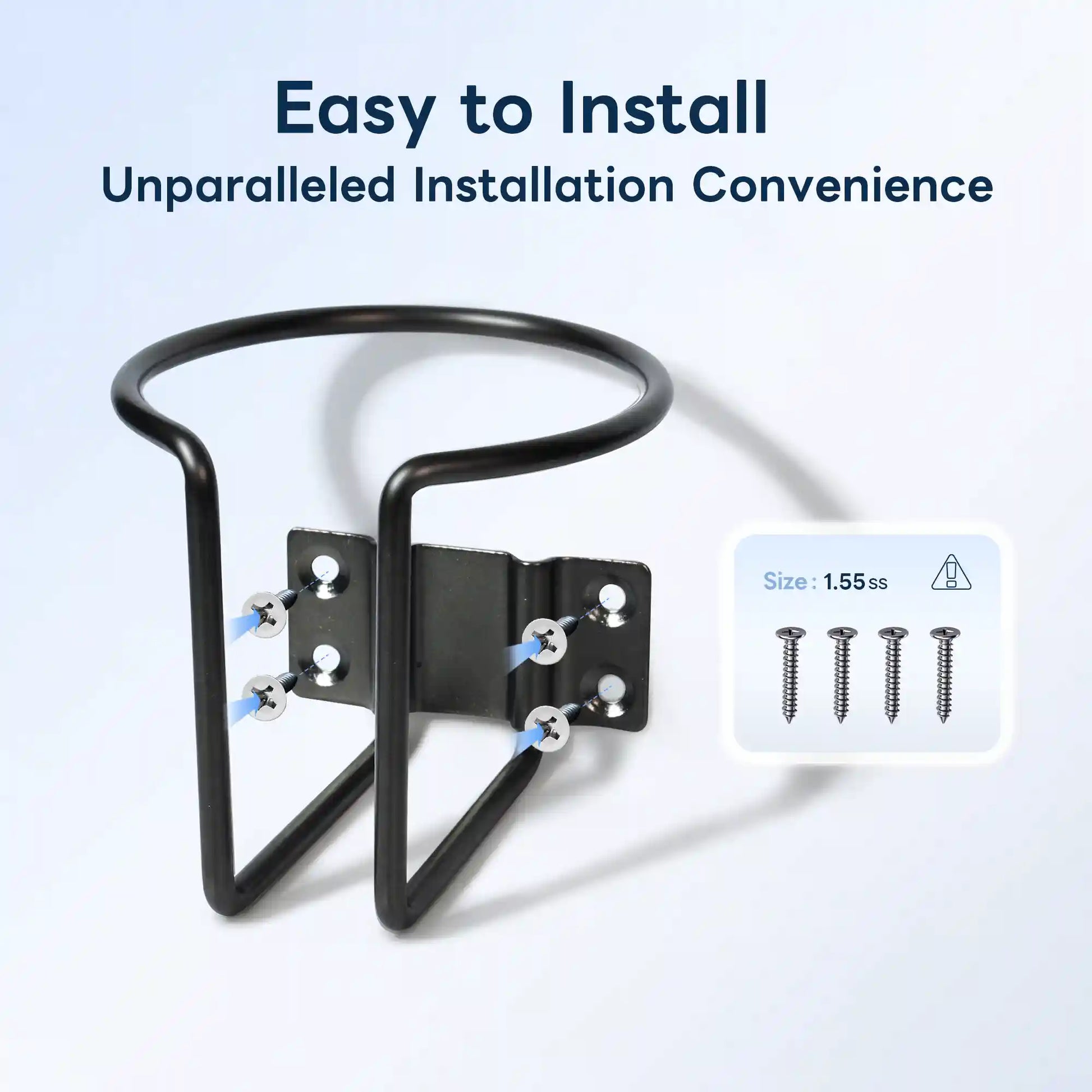 Marinexplore black wall-mounted boat cup holder with four blue directional arrows indicating pre-drilled screw mounting positions on the bracket, alongside an inset showing three included 1.55ss black self-tapping screws for fast, tool-free setup.
