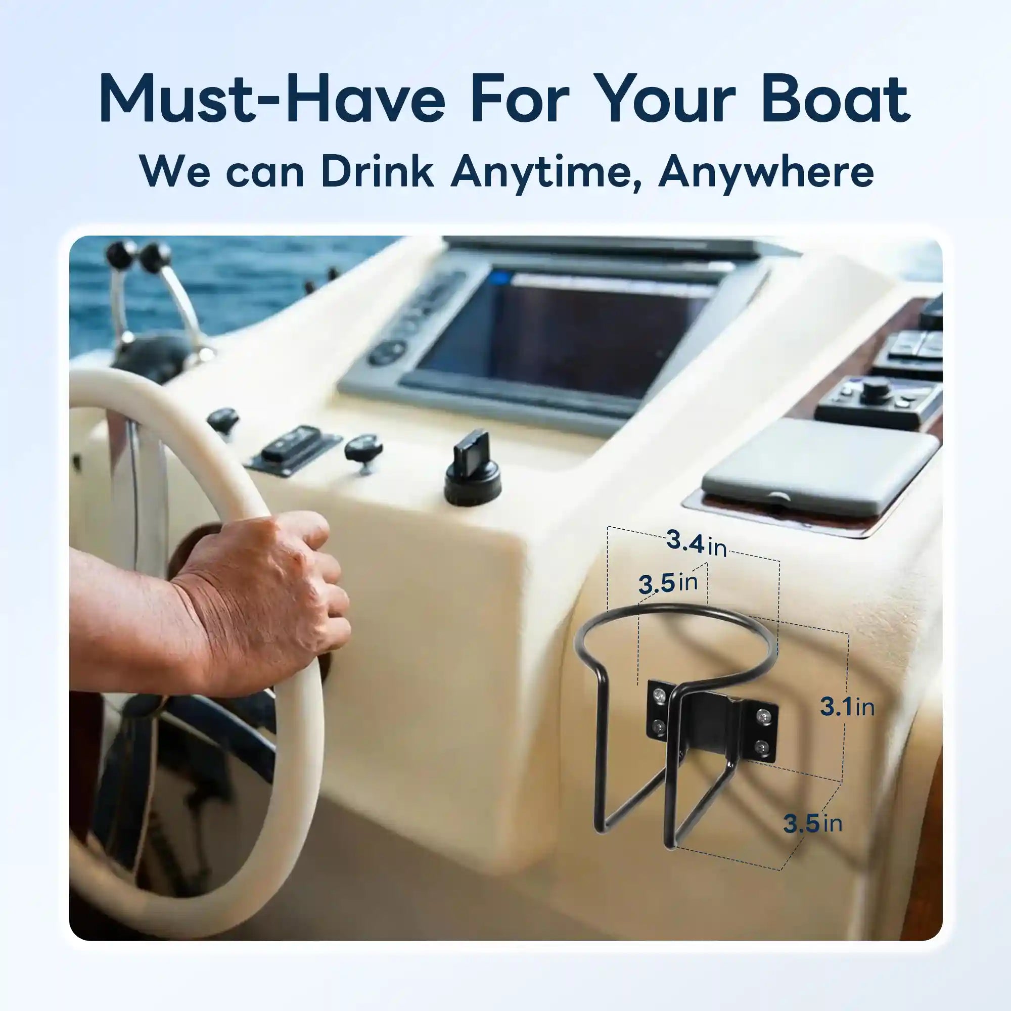 Marinexplore black stainless steel cup holder mounted on the side panel of a yacht helm console, with a hand gripping the white steering wheel in the foreground and annotated dimensions showing 3.4-inch and 3.5-inch opening diameter, 3.1-inch height, and 3.5-inch base width.