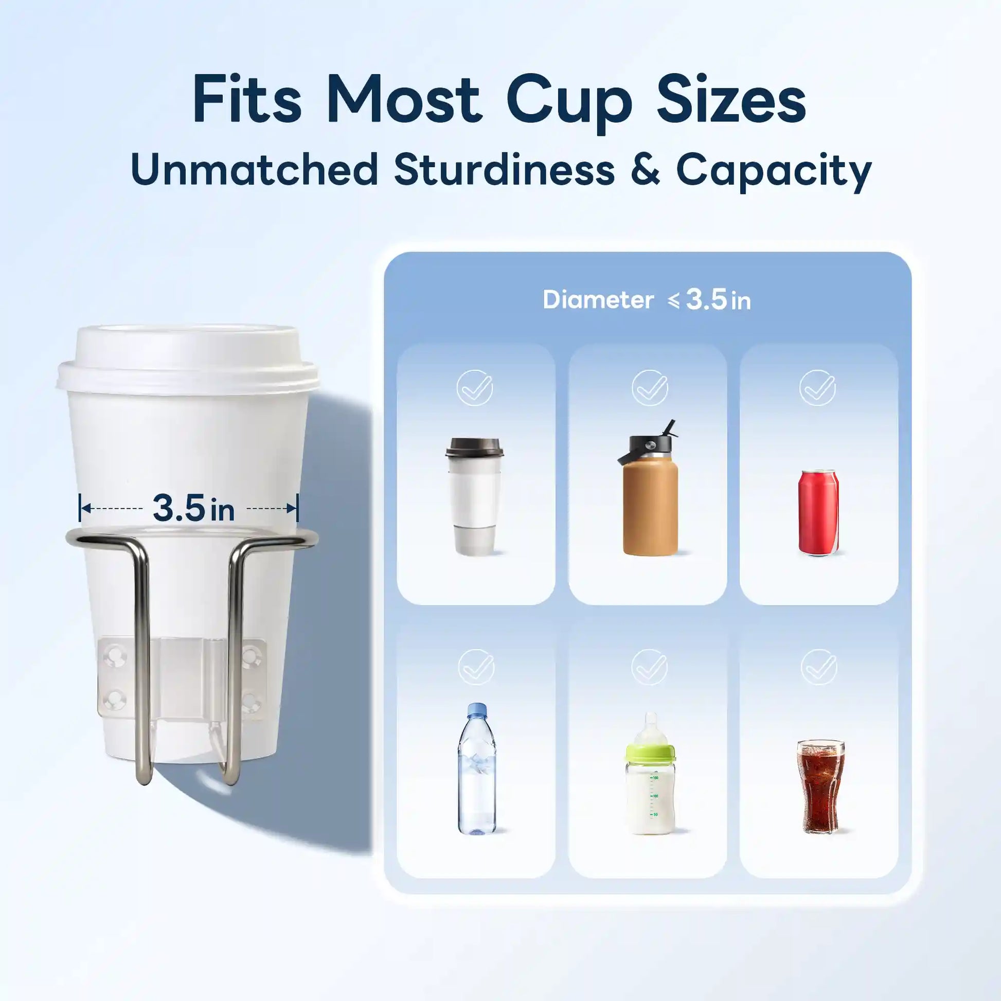 Marinexplore silver boat cup holder shown holding a white coffee cup with 3.5-inch inner diameter labeled, alongside a compatibility chart showing six drink types it fits: coffee cup, insulated water bottle, soda can, plastic water bottle, baby bottle, and cola glass.