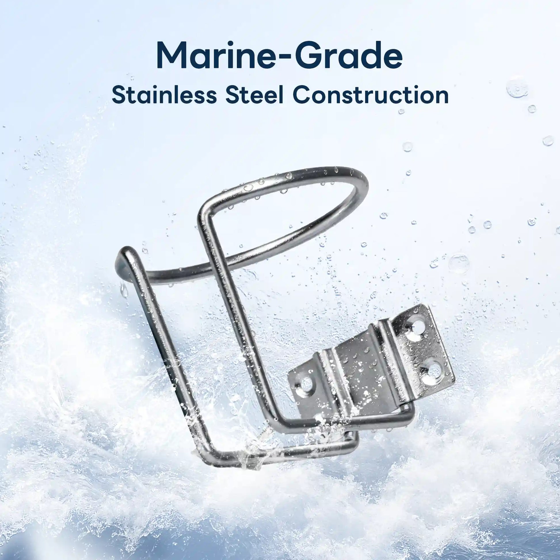 Marinexplore silver marine-grade stainless steel boat cup holder emerging from splashing white ocean waves, showcasing its rust-resistant and corrosion-proof construction for harsh marine environments.