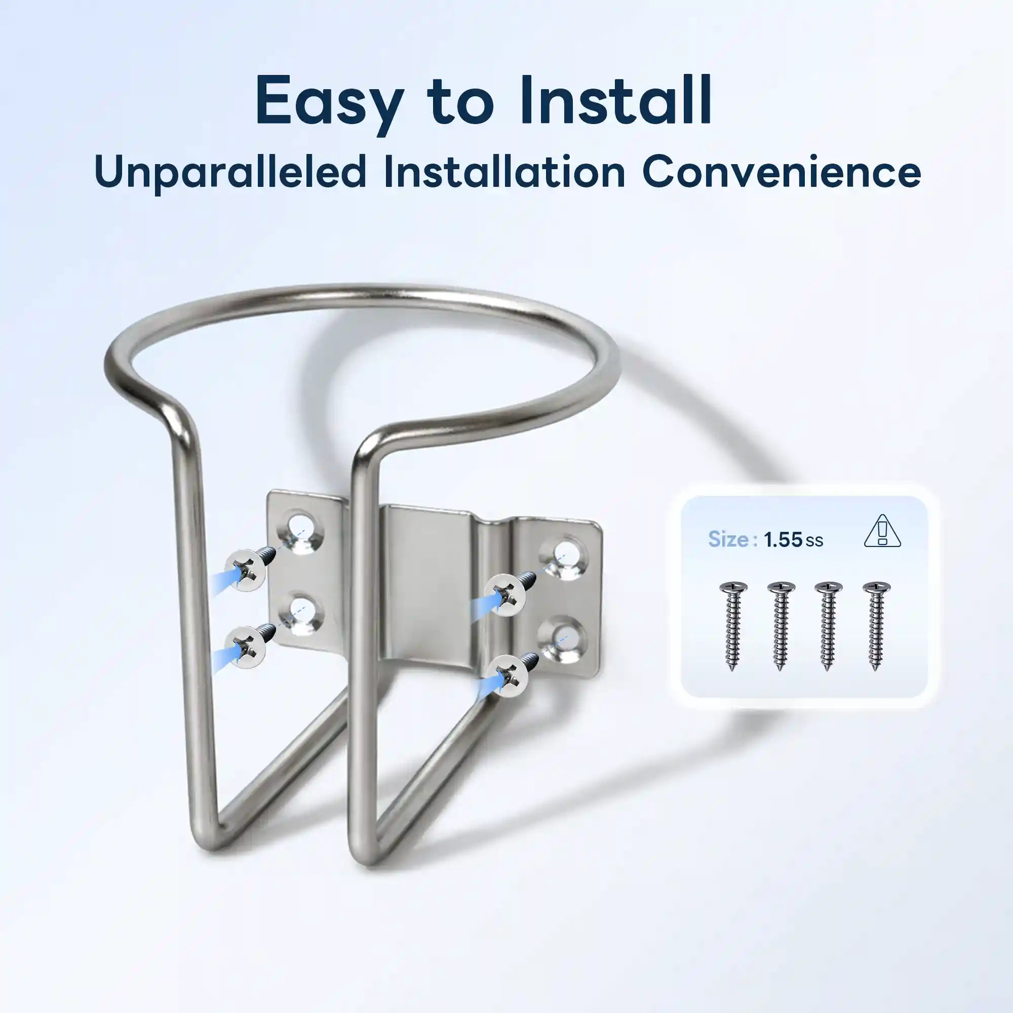 Marinexplore silver wall-mounted boat cup holder with four blue arrow indicators pointing to pre-drilled screw mounting holes, alongside an inset card showing three included 1.55ss stainless steel screws for quick and easy installation.
