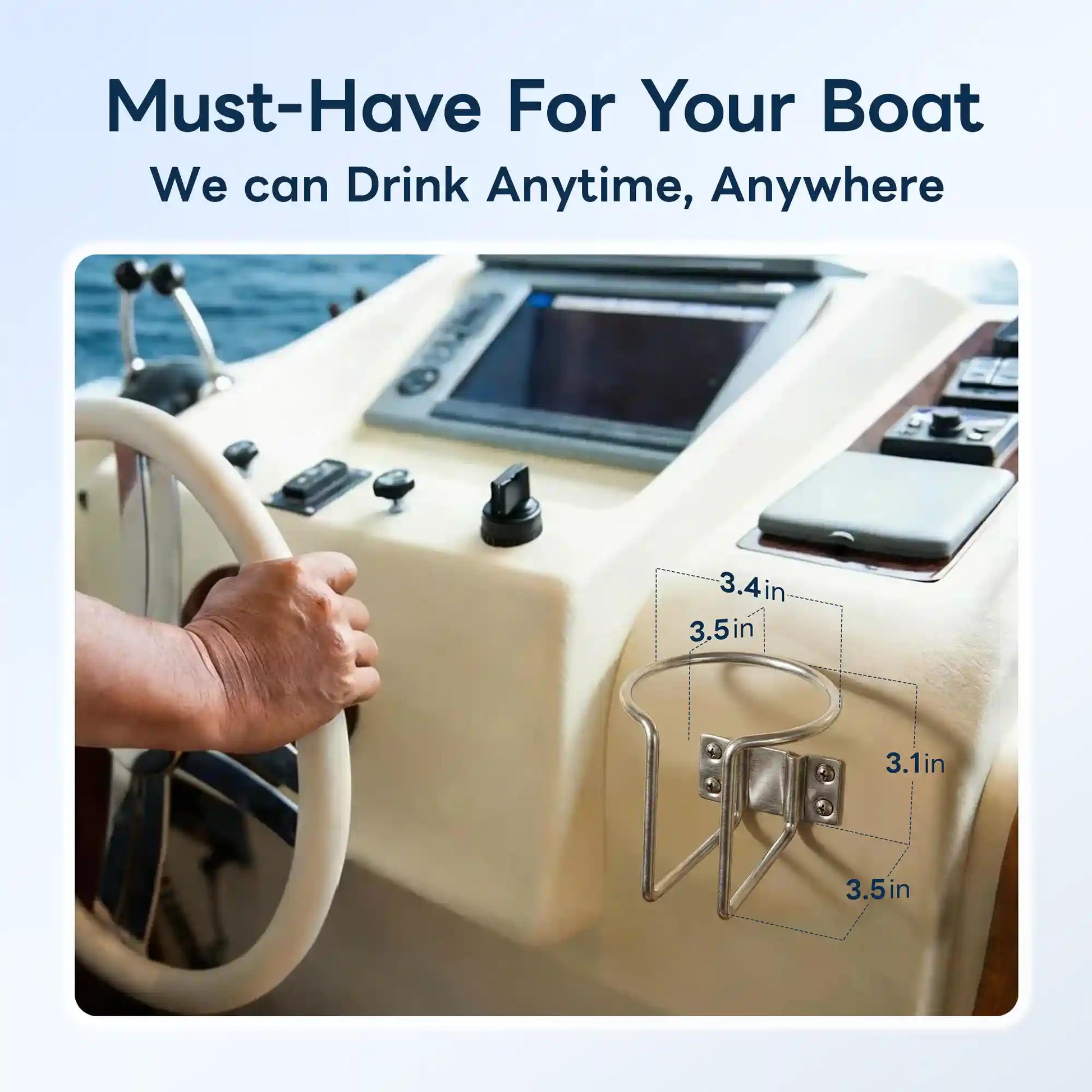 Marinexplore silver stainless steel cup holder installed on the side panel of a yacht cockpit dashboard, with a hand gripping the steering wheel in the foreground and dimension annotations showing 3.4-inch and 3.5-inch opening width and 3.1-inch by 3.5-inch holder body size.