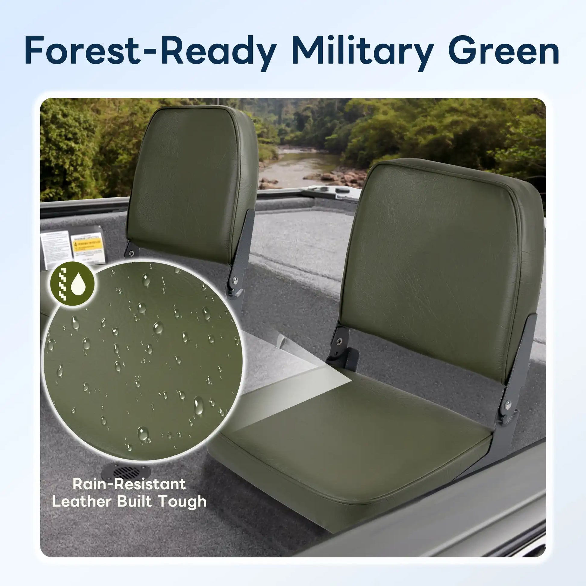Two military green Marinexplore fishing boat seats mounted on a boat, with a close-up circle showing water droplets on the rain-resistant marine-grade leather surface.