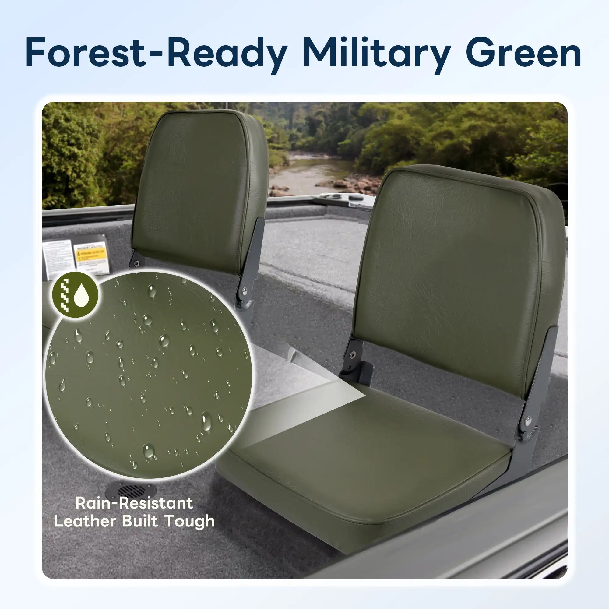 Two military green Marinexplore fishing boat seats mounted on a boat, with a close-up circle showing water droplets on the rain-resistant marine-grade leather surface.